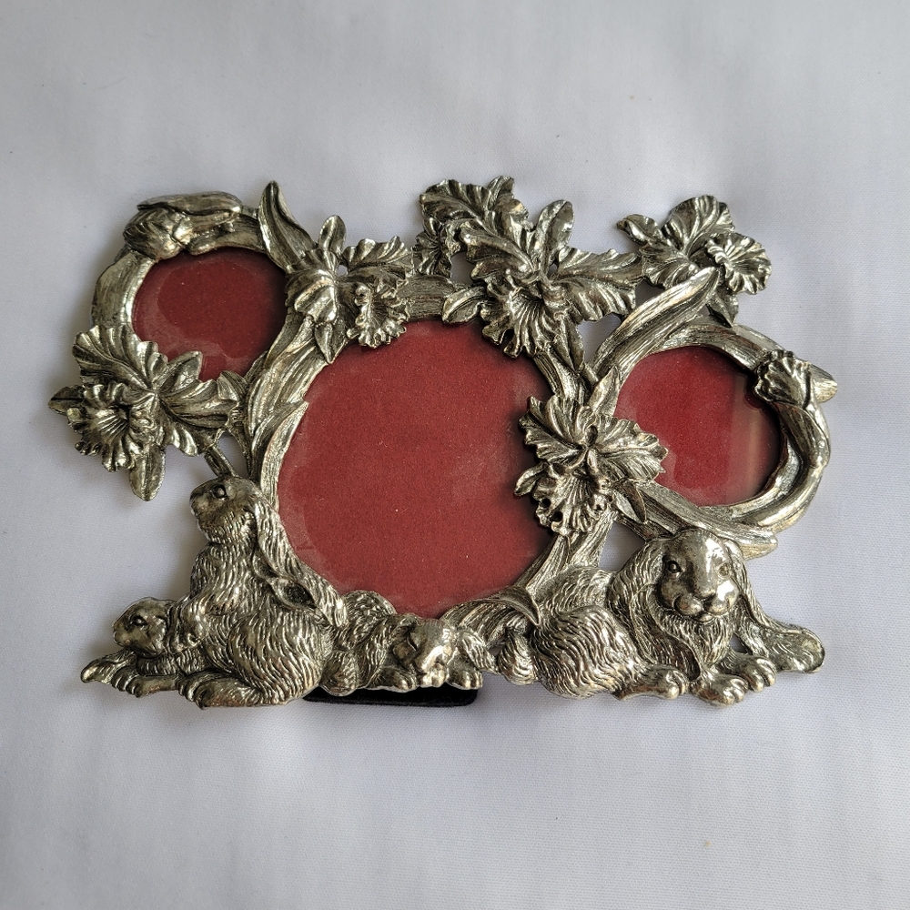 Silver Floral Bunnies Triple Photo Frame 1994 Arthur Court
